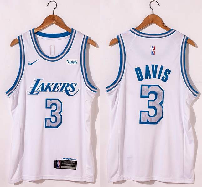 Men's Los Angeles Lakers #3 Anthony Davis White City Edition New Blue Silver Logo 2020-21 Stitched Jersey